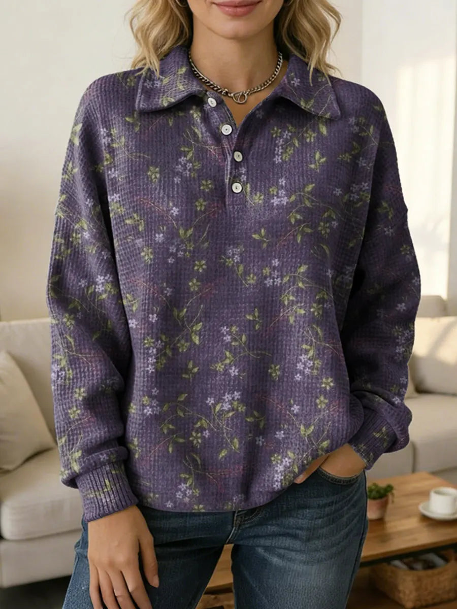 Vintage National Flower Art Women's Print Casual Cotton Shirt