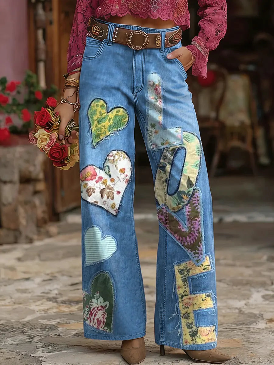 Women's Love Floral Patchwork Art Print Casual Pocket Cotton Wide-leg Jeans