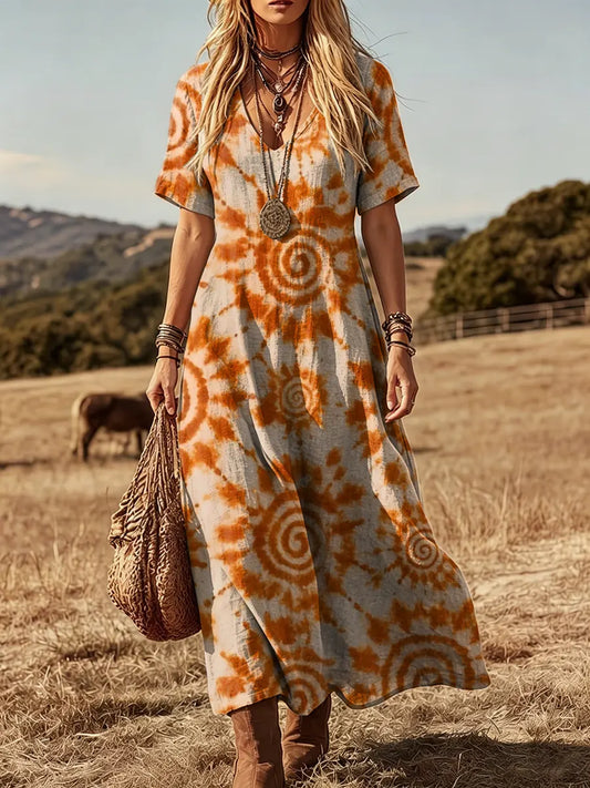 Women's Tie-Dye Art Print V-Neck Short-Sleeve Cotton Pocket Dress V-Neck Short-Sleeve Pockets Cotton Dress