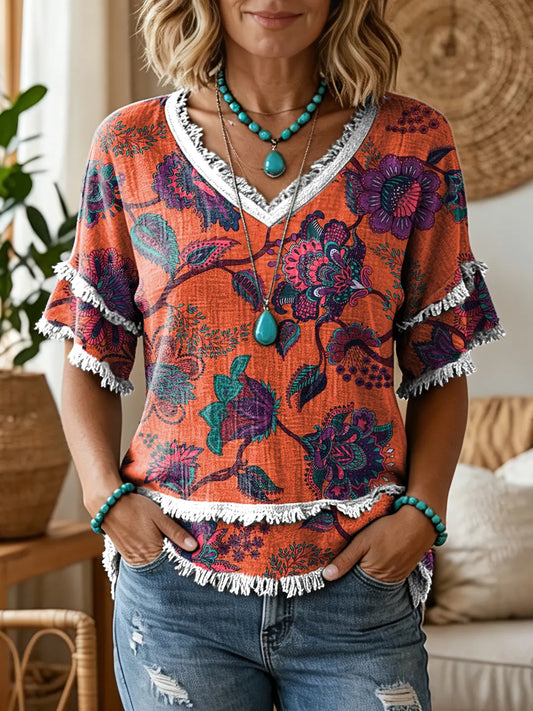 Women's Bohemian Ethnic-Style V-Neck Cotton Top with Floral Print and Tassels