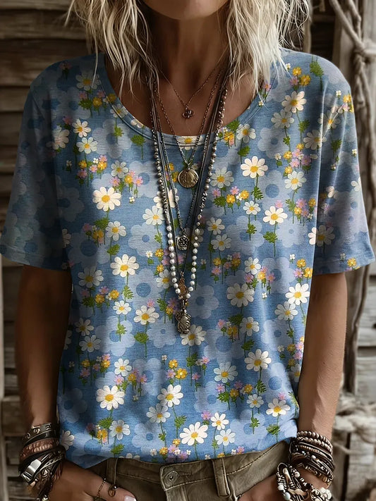 Women's Floral Print Round-neck Short-sleeve T-shirt