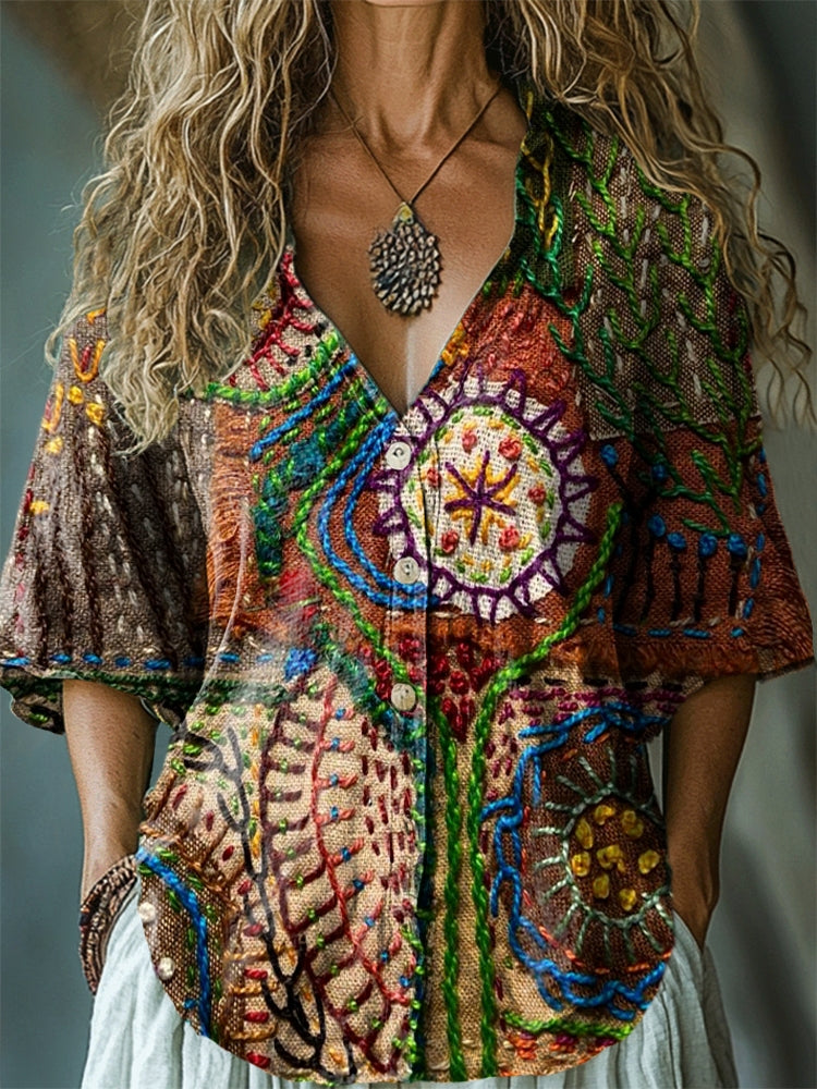 Women's Vintage Ethnic Textured Art Print Casual Button-Down Shirt