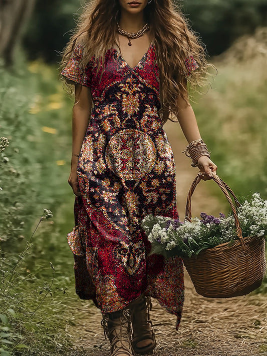 Women's Vintage Ethnic Pattern Art Print Pocket Cotton Dresses