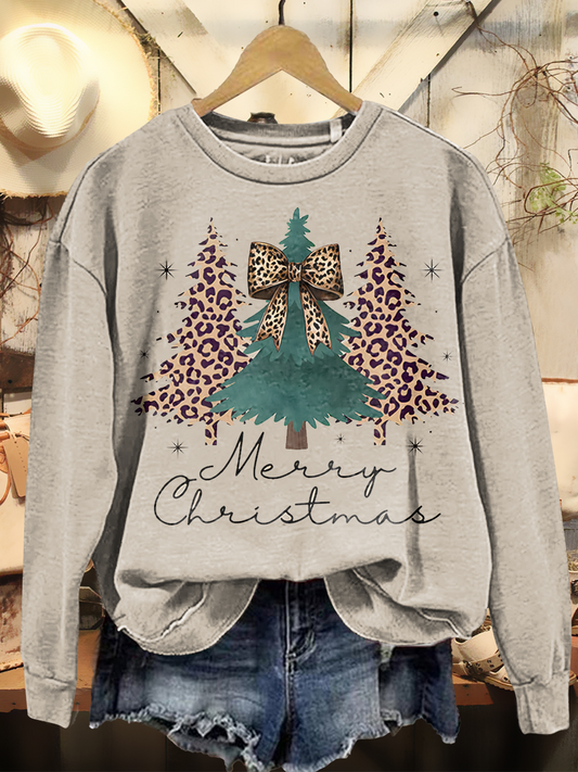 Women's Retro Christmas Art Print Casual Long Sleeve Crew Neck Sweatshirt