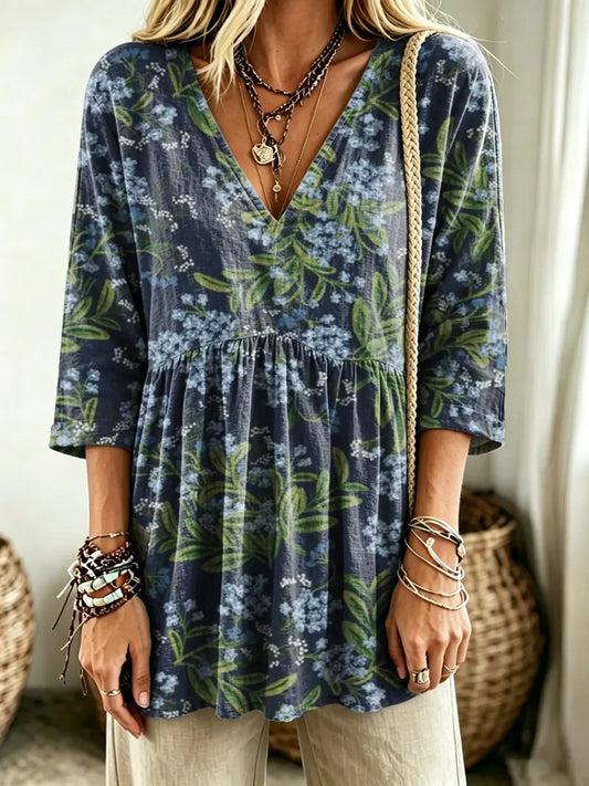 Women's Floral Botanical Print V-neck Casual Blouse