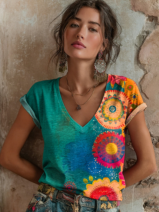 Women's Retro Bohemian Floral Art Print Casual Short-Sleeve V-Neck Cotton T-Shirt