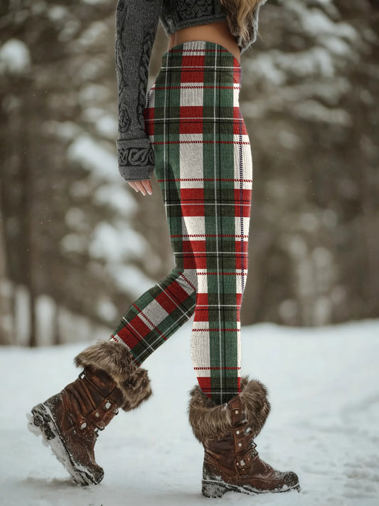 Christmas Checkered Pattern Women's Printed Knitted Leggings