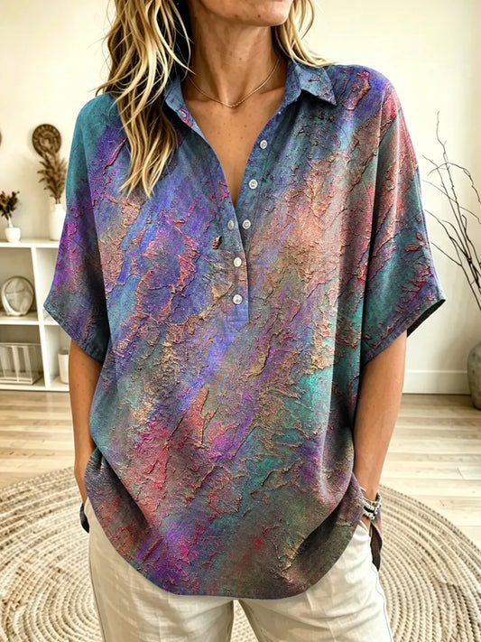 Women's Abstract Tie-Dye Print Collared Short Sleeve Henley Blouse
