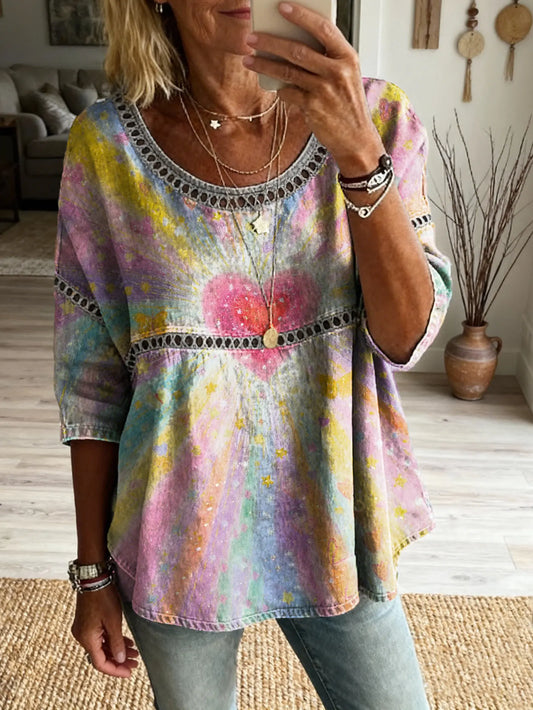 Women's Multicolor Dreamy Heart Pattern Art Print Casual Crew Neck Tie-front Top