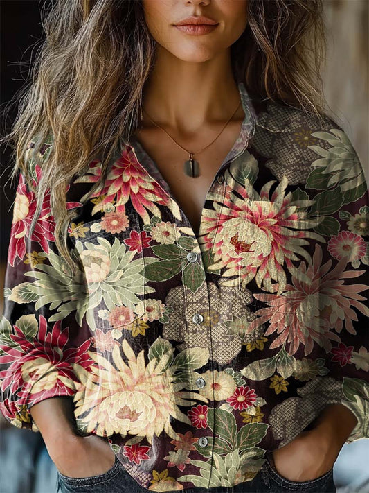 Women's Retro Floral Print Casual Long Sleeve Comfortable Cotton Shirt