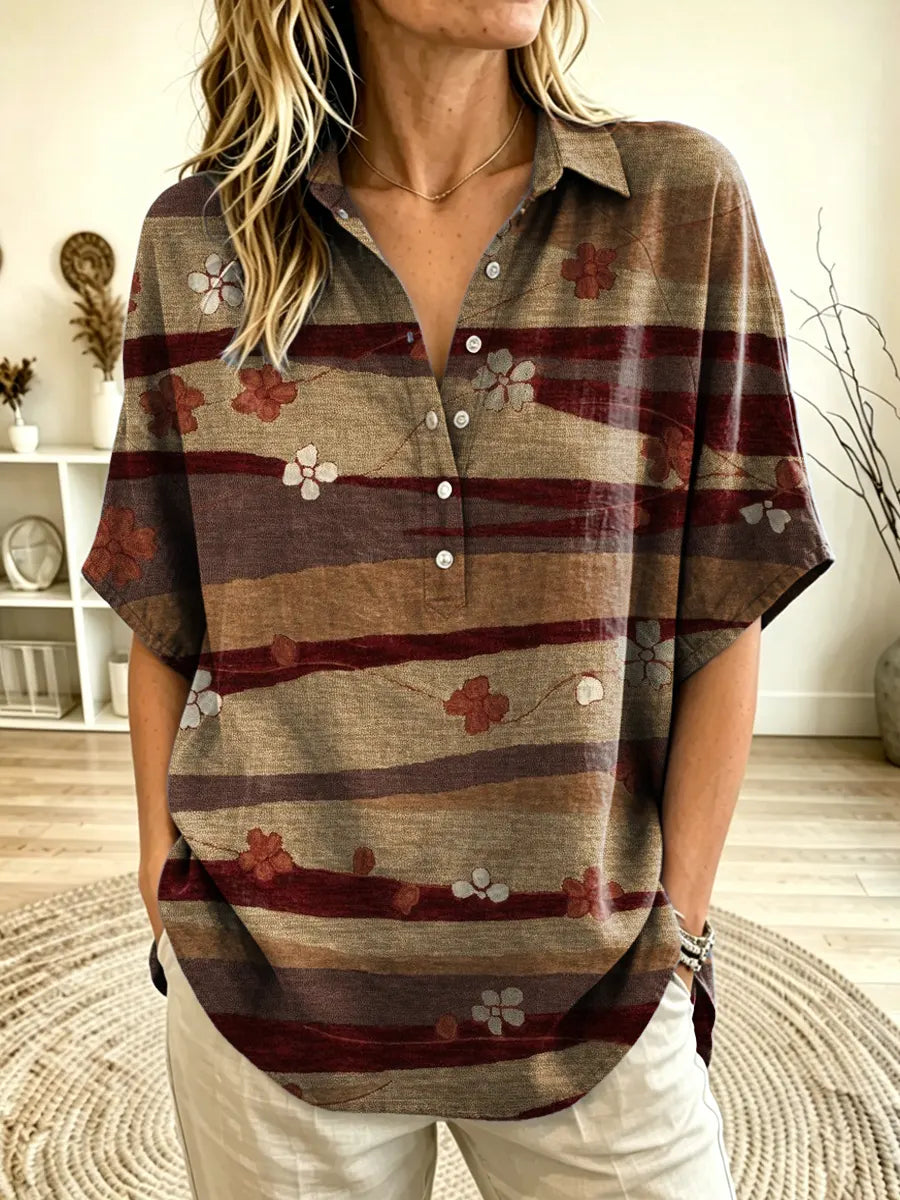 Women's Floral Striped Print Collared Short Sleeve Henley Blouse