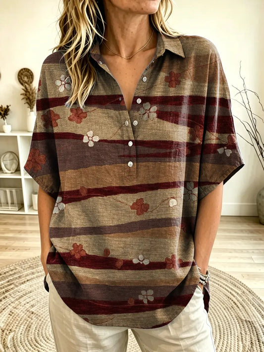 Women's Floral Striped Print Collared Short Sleeve Henley Blouse