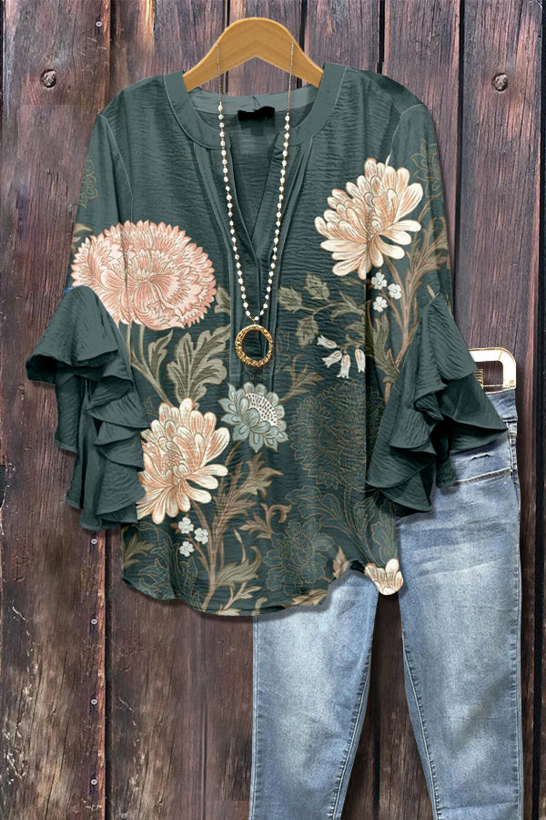 Chic Floral Print Ruffle Sleeve Top