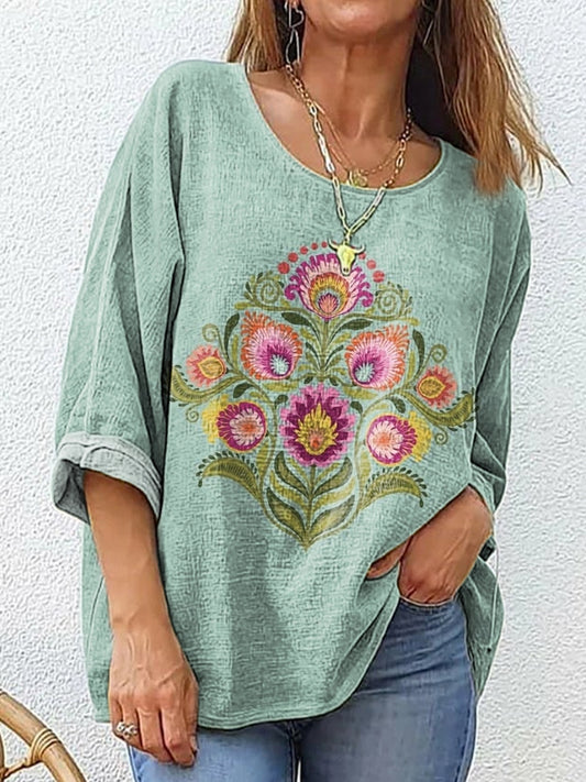 Floral Pattern Art Print Cotton Linen Women's Casual Shirt