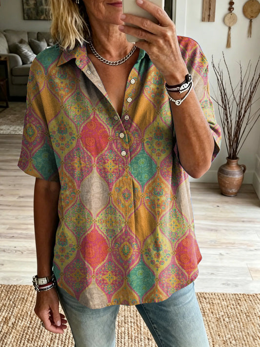 Women's Bohemian Ethnic Colorful Floral Art Print Short-Sleeve Henley Shirt with Lapel Collar