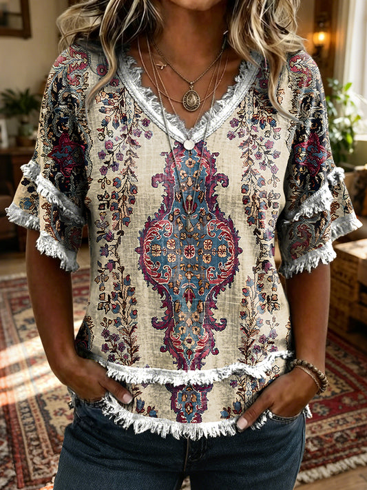 Women's Retro Ethnic Floral Art Print Casual Half-sleeve V-neck Frayed Edge Cotton Shirt