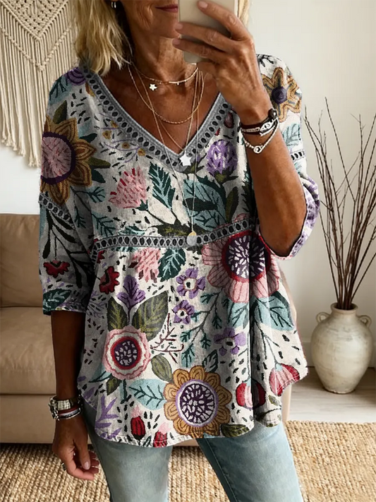 Ethnicity Abstract Bohemia Flowers Women's Vintage Art Print Casual V Neck Cutout Top