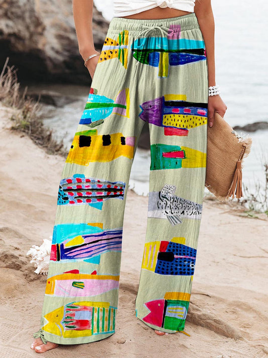 Women's Colorful Sardines Printed Cotton And Linen Casual Pants