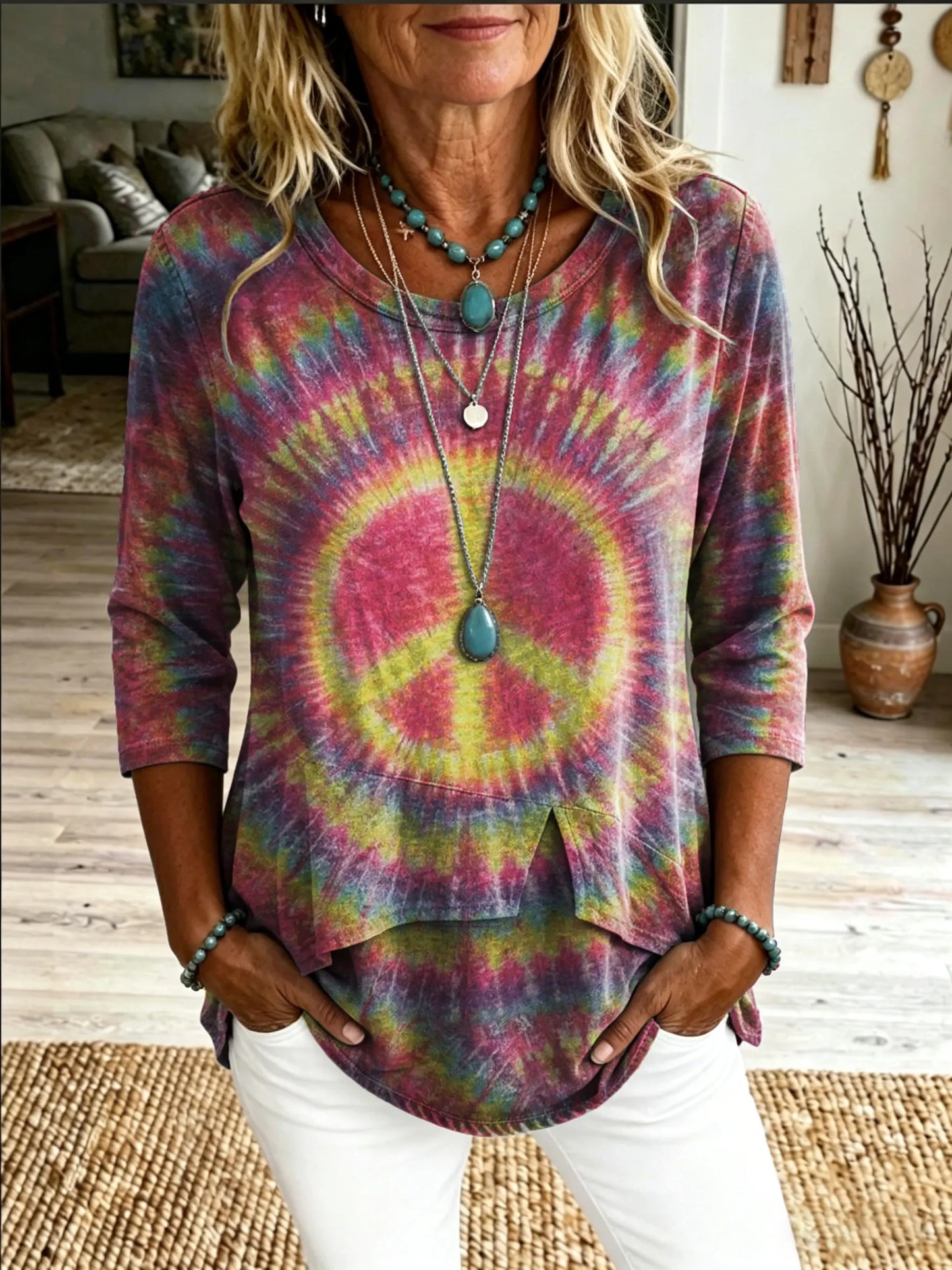 Women's Tie-dye Hippie-print Casual Round-neck T-shirt