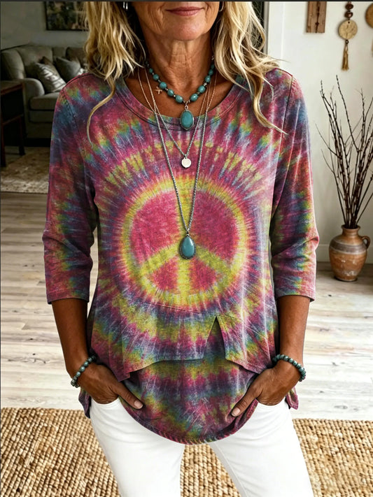 Women's Tie-dye Hippie-print Casual Round-neck T-shirt