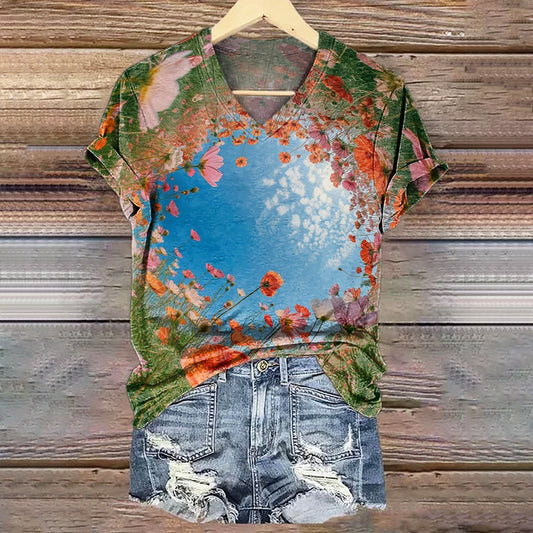 Women's Floral Art Print V-Neck Casual T-Shirt