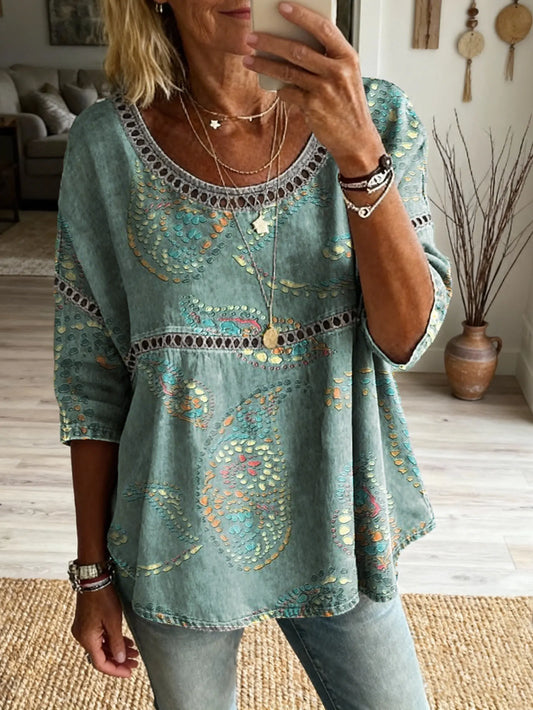 Women's Polka Dot Abstract Floral Print Artistic Casual Round Neck Lace-up Top