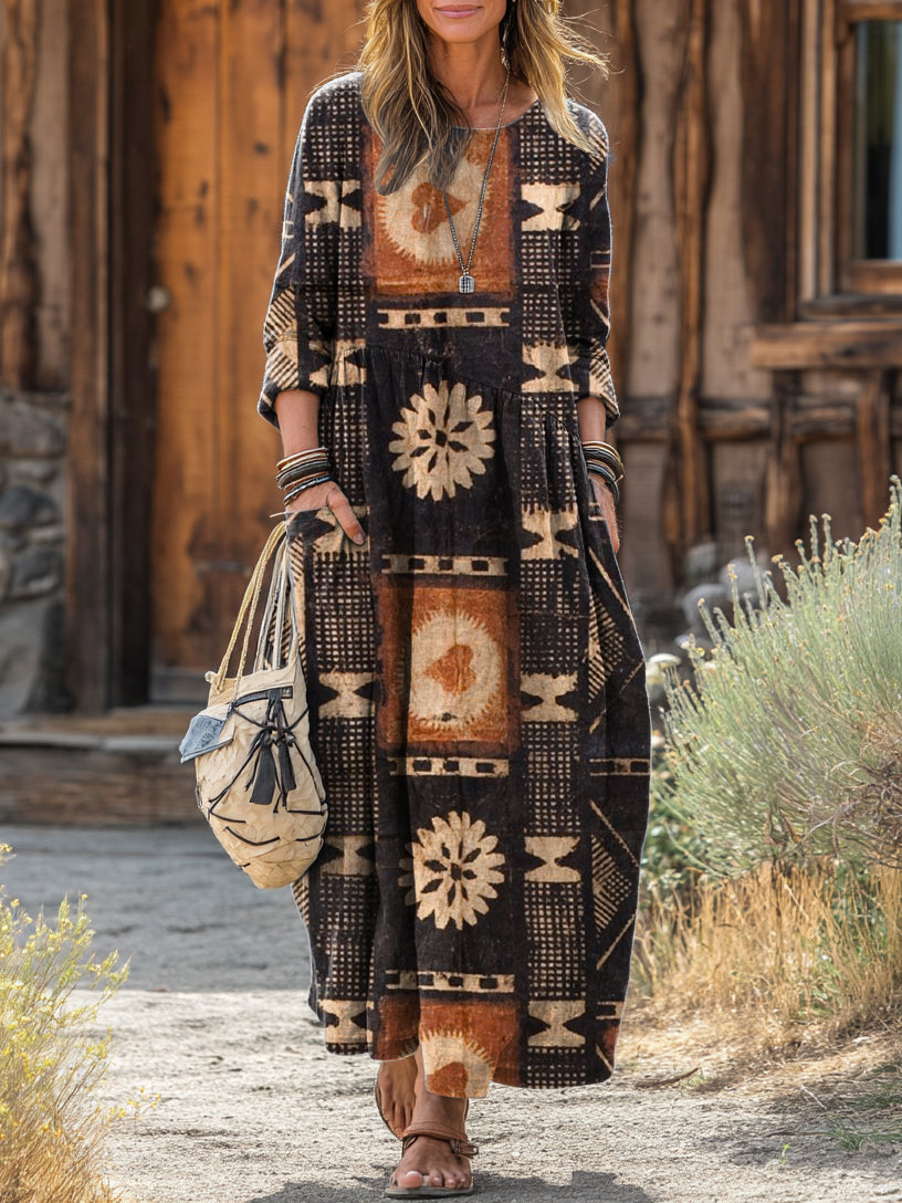 Women's Vintage Black Heart Snowflake Art Print Pocket Cotton Dress