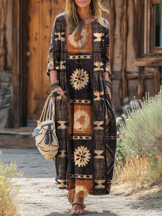 Women's Vintage Black Heart Snowflake Art Print Pocket Cotton Dress