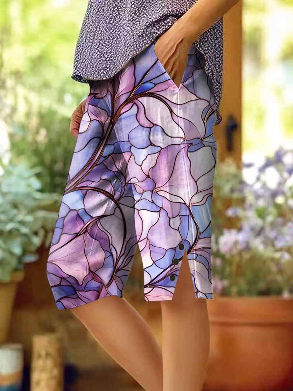 Women's Floral Abstract Texture Art Printed Cotton And Linen Casual Pants