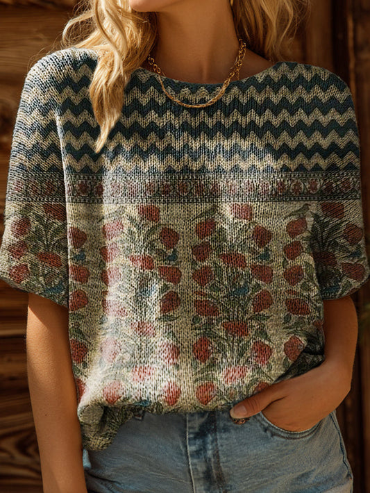 Women's Vintage Bohemian Floral Art Print Casual Crew Neck Short Sleeve Knitted Sweater