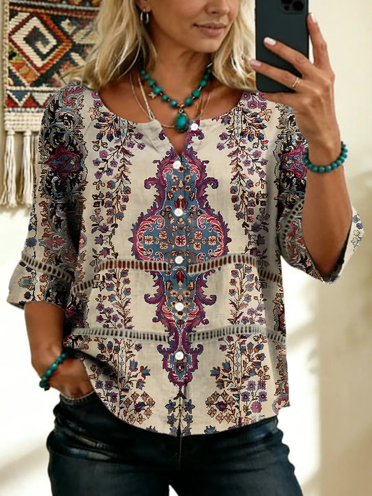 Women's Vintage Floral Art Print Tie-front Button-up Short-sleeve Shirt