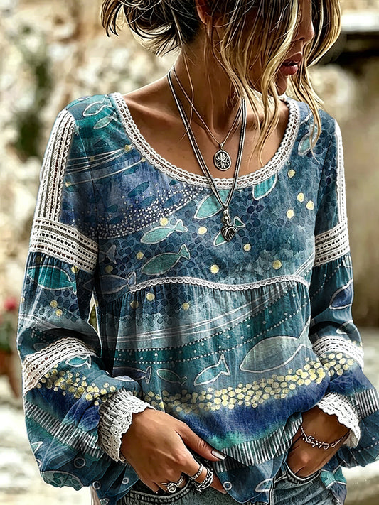 Women's Retro Fish Art Print Casual Long-sleeved Round Neck Lace Cotton Shirt