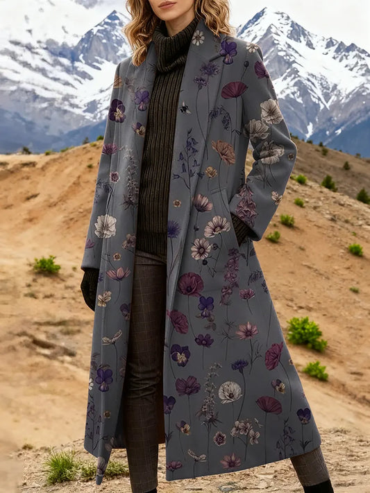 Women's Retro Floral Art Print High Quality Casual Wool Coat