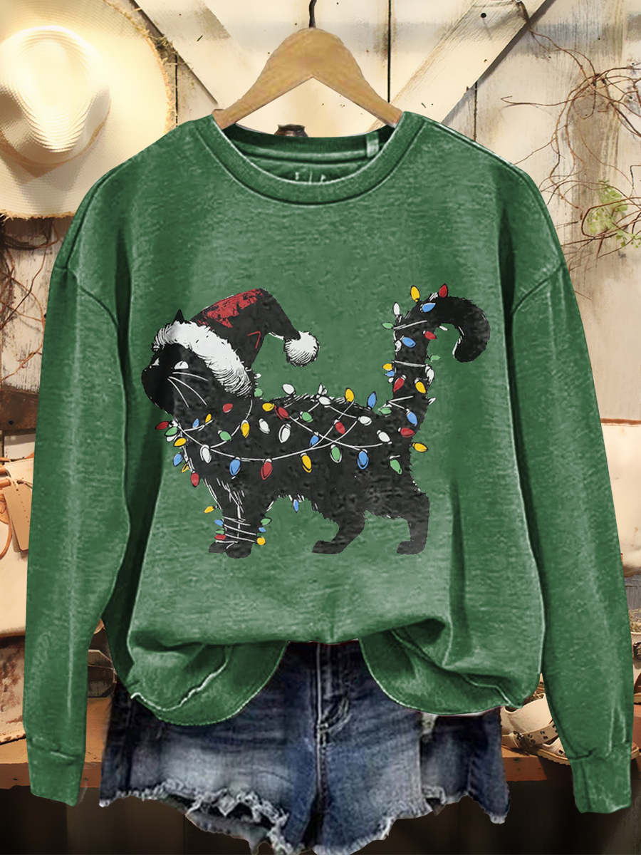 Women's Retro Christmas Art Print Casual Long Sleeve Crew Neck Sweatshirt