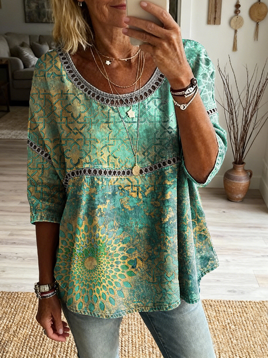 Women's Retro Colorful Ethnic Totem Art Print Casual Round Neck Hollow-out Cotton Linen Top