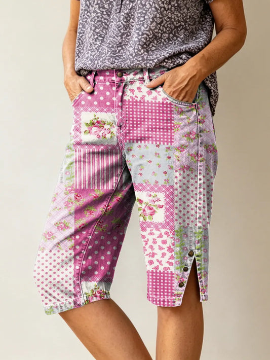 Women's Retro Ethnic Floral Pattern Art Print Casual Five-point Jeans With Pockets