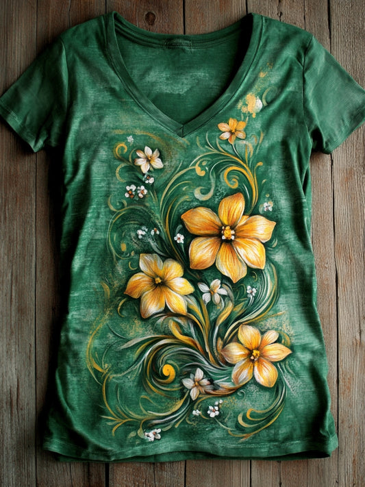 Women's Flower Art Print V-neck Casual T-Shirt