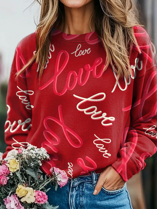 Women's Retro Love Art Print Casual Crew Neck Sweatshirt