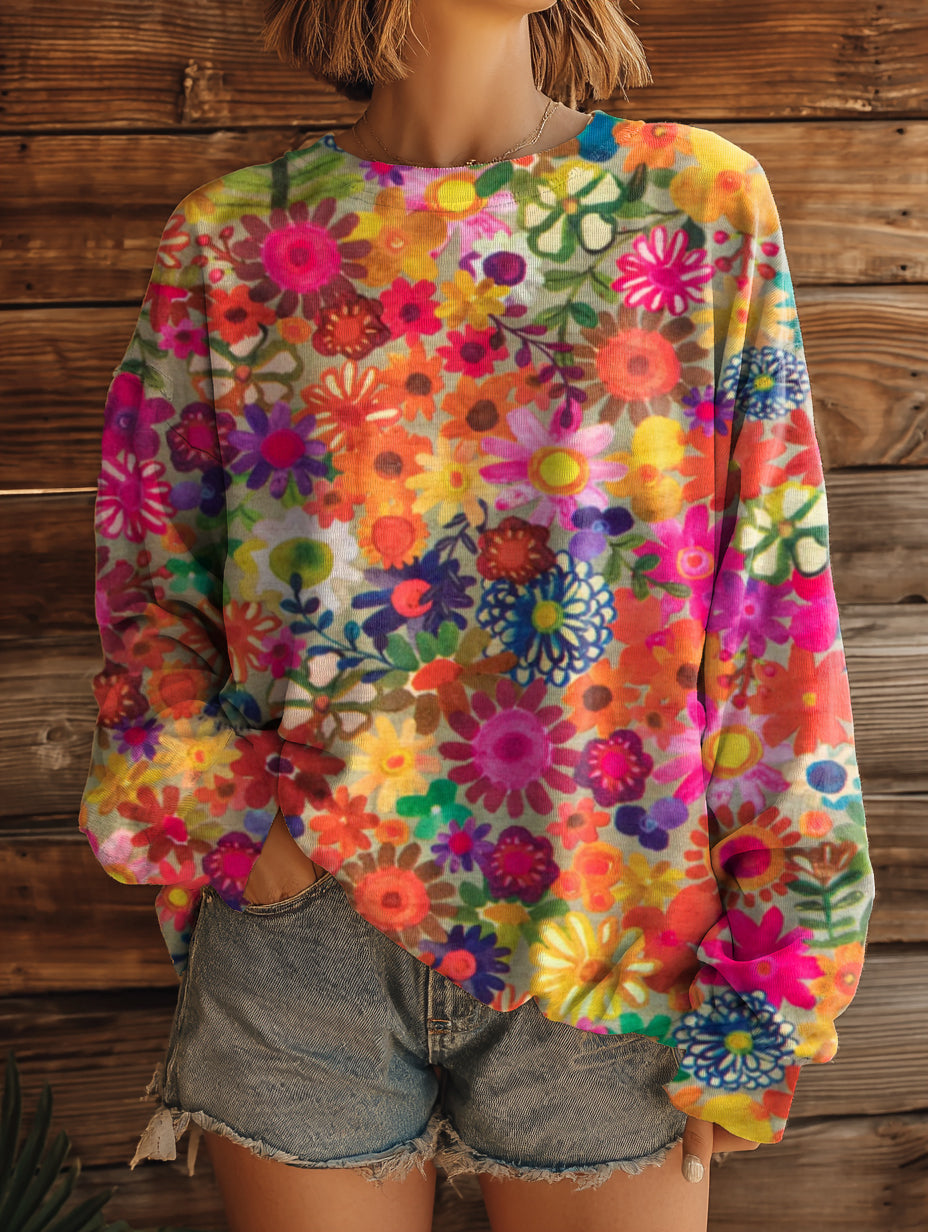 Women's Vintage Floral Art Pattern Print Casual Crew Neck Sweatshirt