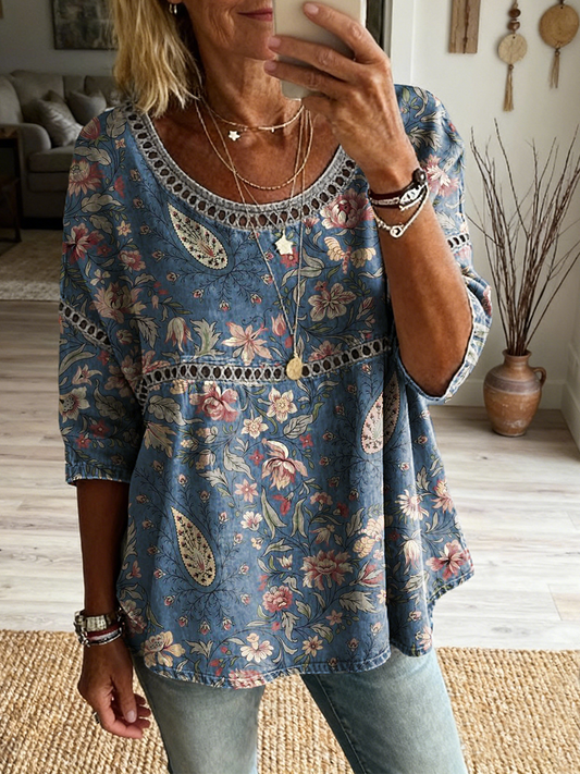 Women's Retro Bohemian Floral Art Print Casual Three-quarter Sleeve Round Neck Hollow-out Top