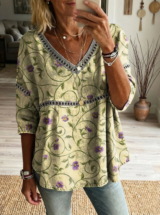Women's Retro Purple Floral Art Print Casual Hollow-Out Top