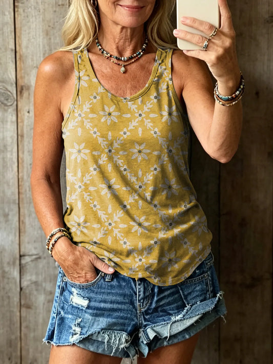 Women's Vintage Yellow Floral Art Print Crew Neck Sleeveless Tank Top