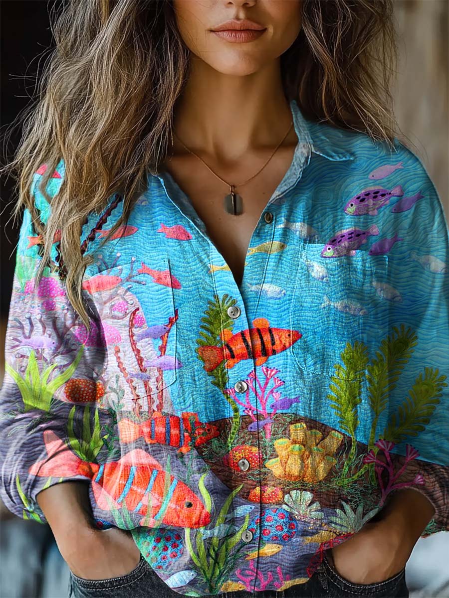 Women's Colorful Sea Fish Print Casual Long Sleeve Comfortable Cotton Shirt