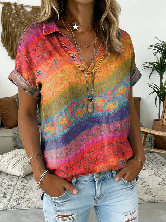 Women's Bohemian Floral Collage Print V-neck Short-sleeve Shirt