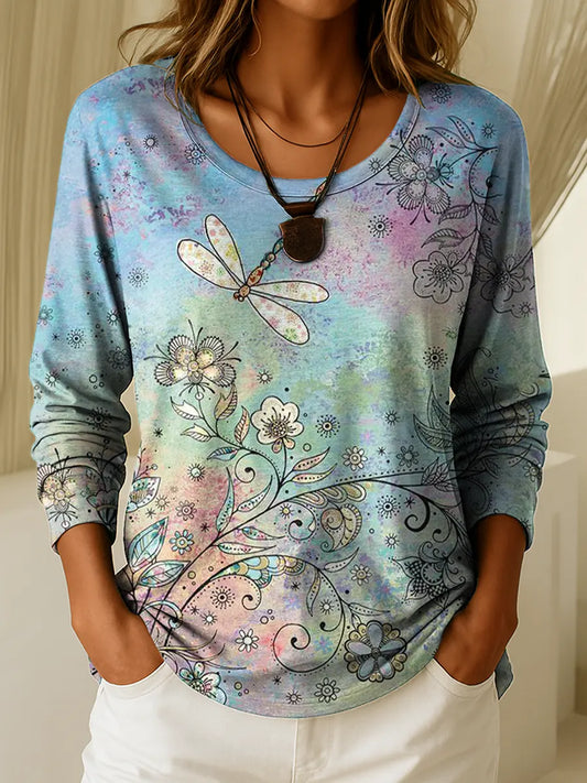 Women&#39;s Vintage Floral Dragonfly Art Print Casual T-shirt