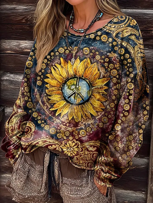 Women&#39;s Hippie Floral Art Print Casual Long Sleeve T-shirt