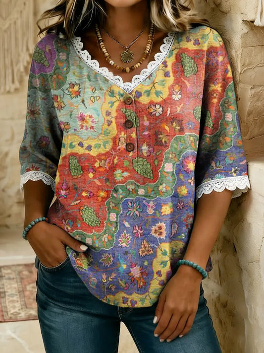 Women's Ethnic Floral Art Print V-Neck Lace Trim Cotton Top