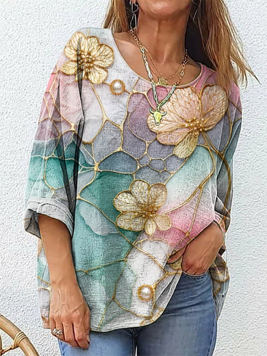 Women's Marble Flowers Art Print Casual Cotton And Linen Shirt