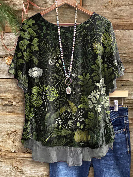Women's Floral Pattern Art Print Casual Cotton Linen Short Sleeve Shirt