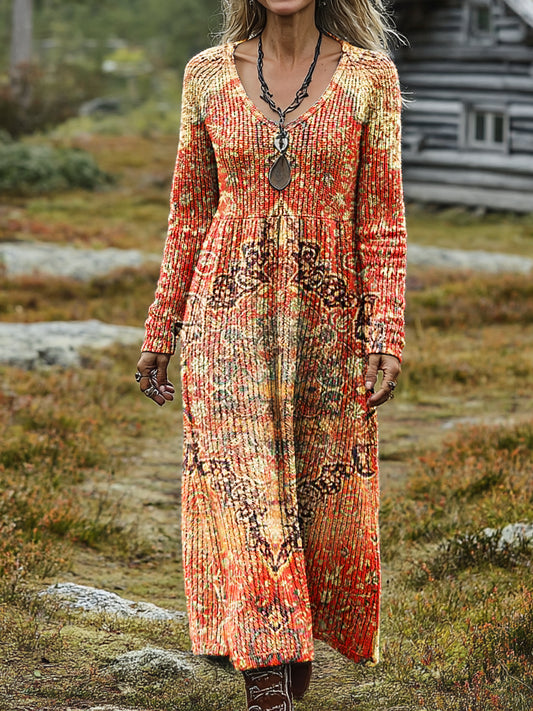 Women's Retro Ethnic Art Print Casual Long-Sleeve V-Neck Cotton Knit Dress